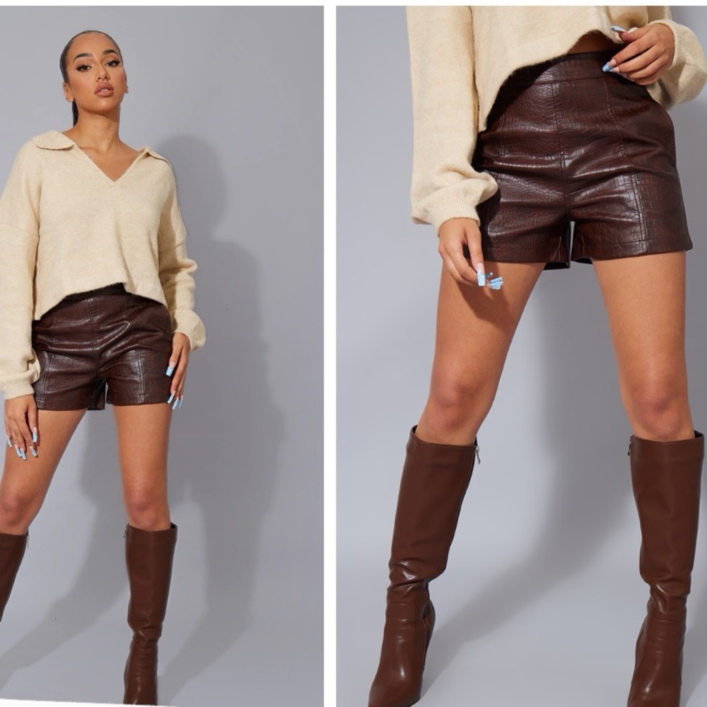 PrettyLittleThing chocolate mock croc high waisted faux leather shorts Size 10P